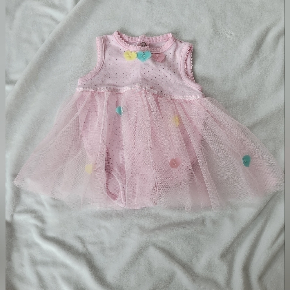 Bon Bebe pink tulle & hearts sleeveless romper dress 3-6m